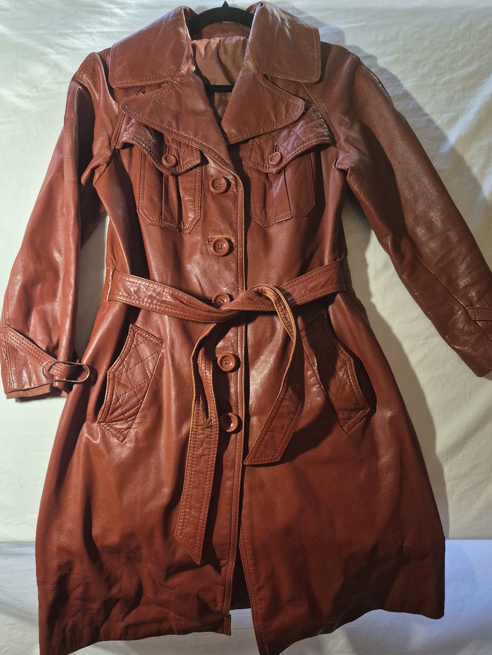 Women's Rust Brown Leather Trench Coat with Belt Vintage Small